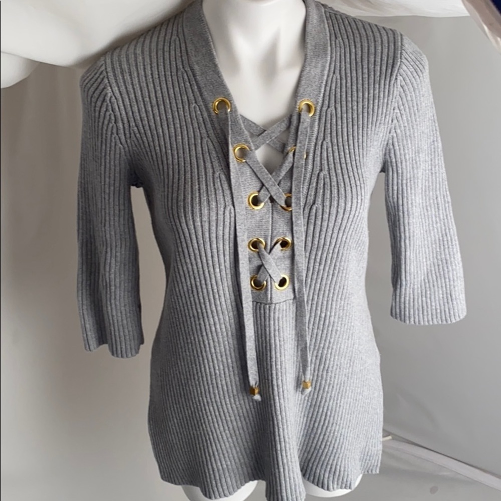Michael Kors gray lace up ribbed three quarter sleeve sweater